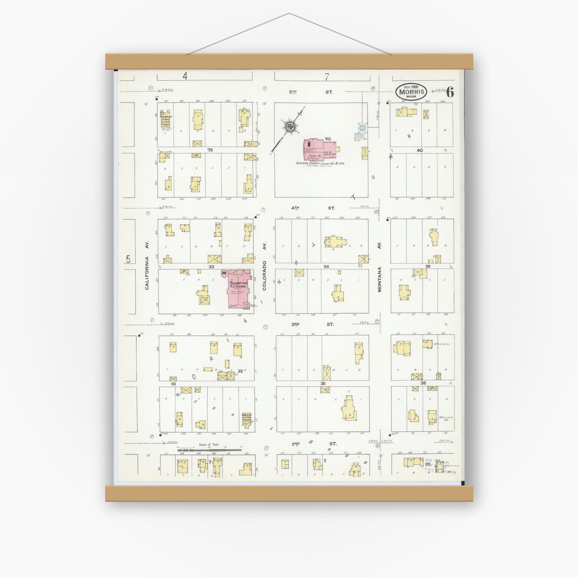 Old map wall art mockup — magnetic wood frame on white wall — Sanborn Fire Insurance Map from Morris, Stevens County, Minnesota (1909), Sheet #0006