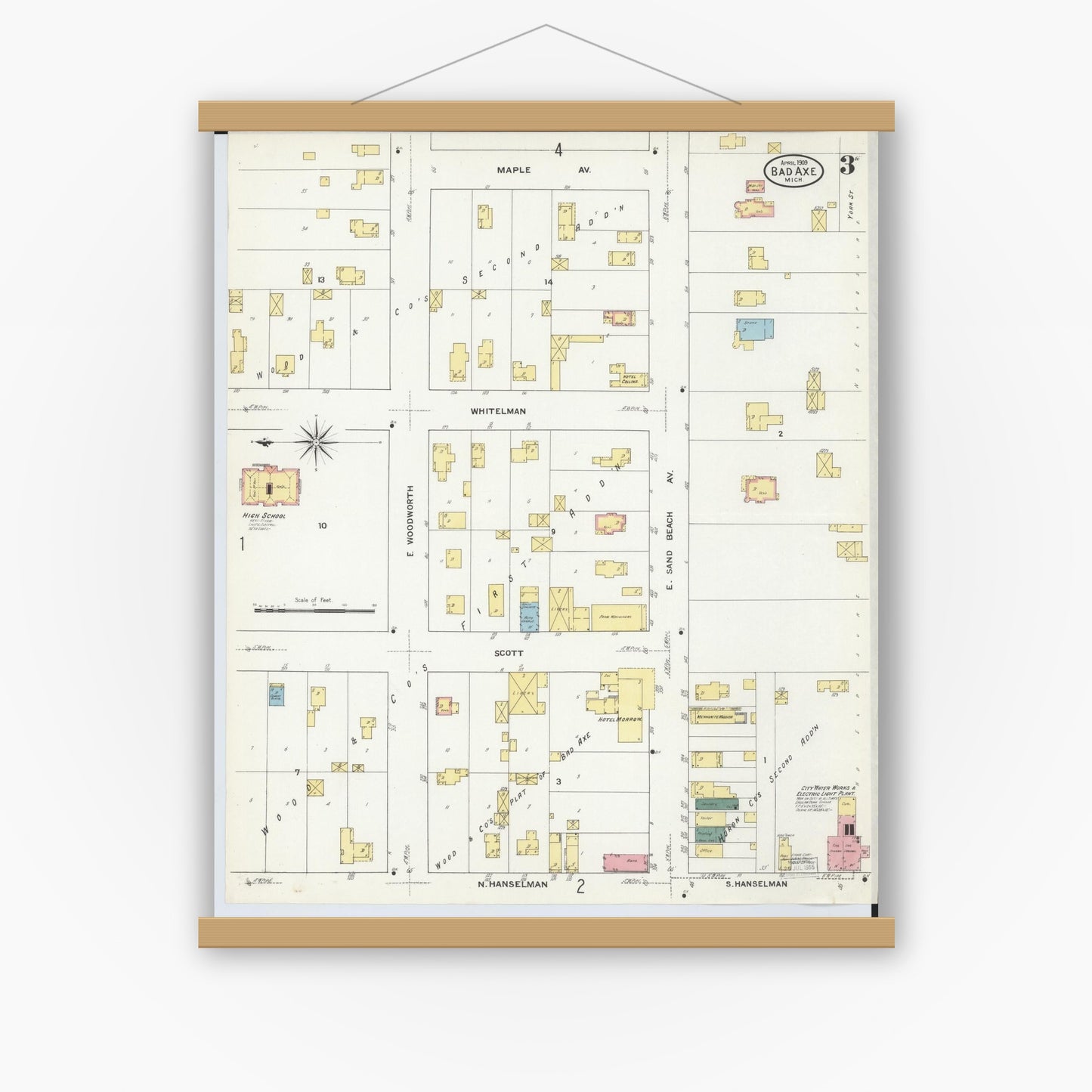 Old map wall art mockup — magnetic wood frame on white wall — Sanborn Fire Insurance Map from Bad Axe, Huron County, Michigan (1909), Sheet #0003