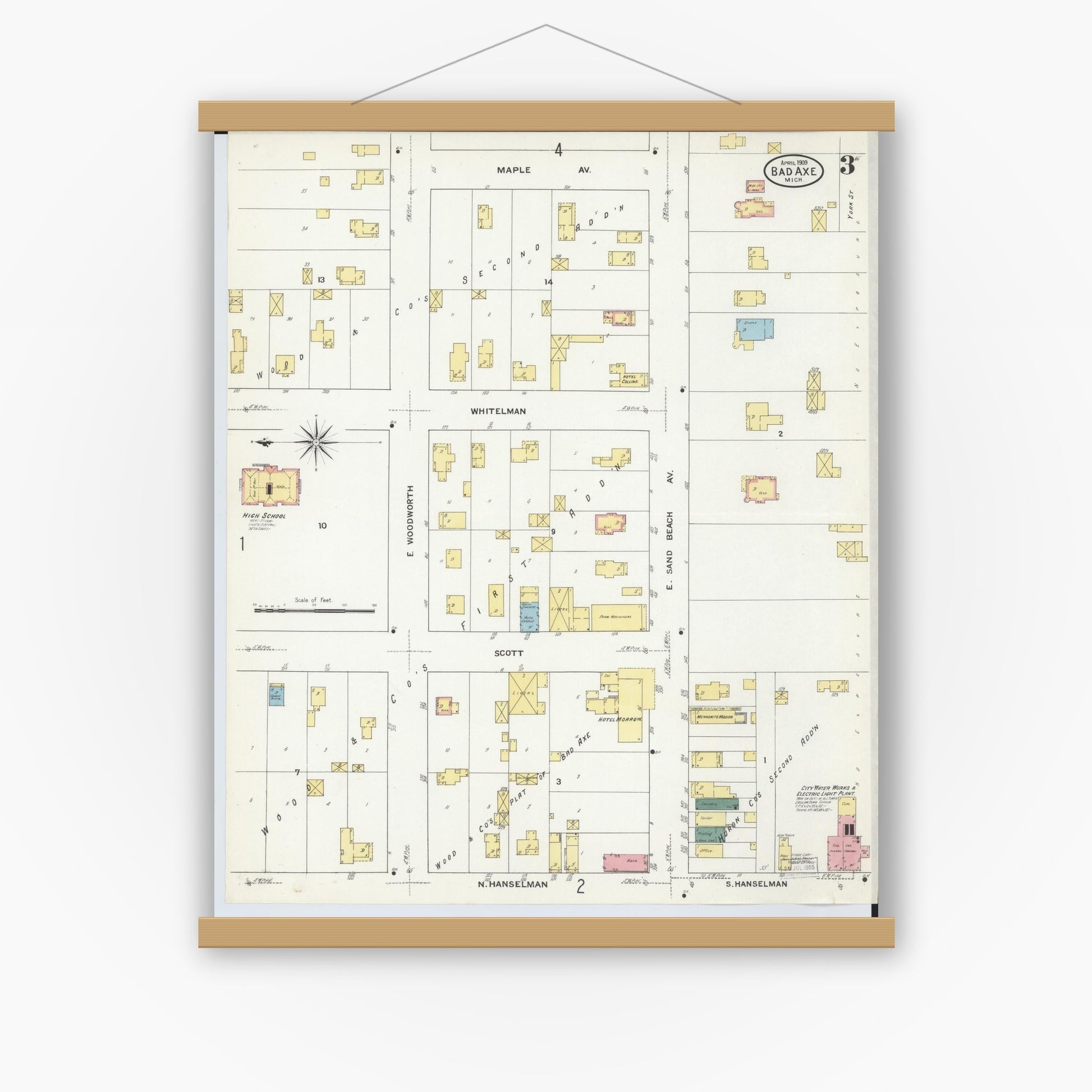 Old map wall art mockup — magnetic wood frame on white wall — Sanborn Fire Insurance Map from Bad Axe, Huron County, Michigan (1909), Sheet #0003