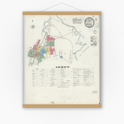 Old map wall art mockup — magnetic wood frame on white wall — Sanborn Fire Insurance Map from Webster, Worcester County, Massachusetts (1898), Sheet #0001