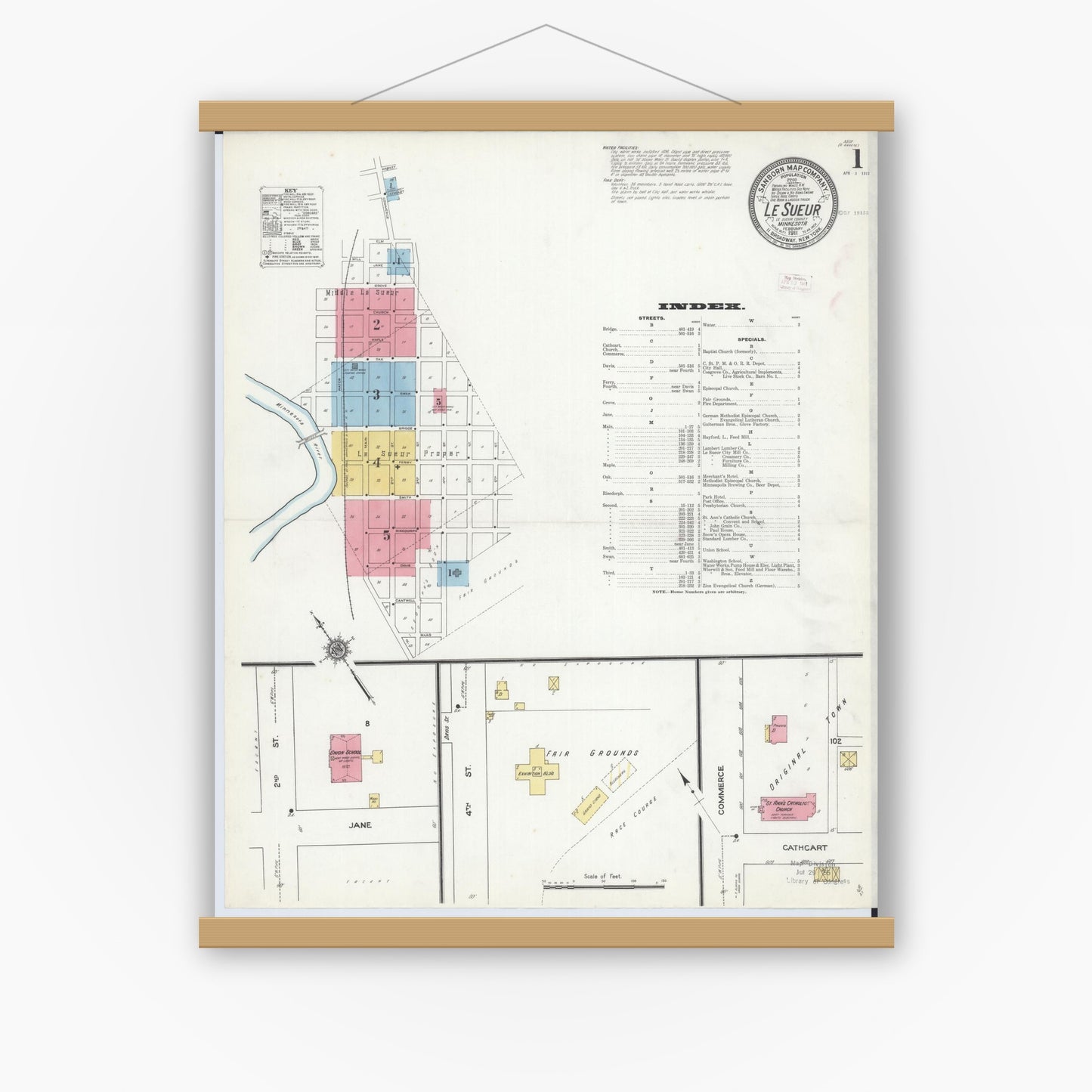 Old map wall art mockup — magnetic wood frame on white wall — Sanborn Fire Insurance Map from Le Sueur, Le Sueur County, Minnesota (1911) - Complete Map Set