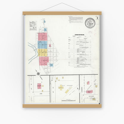 Old map wall art mockup — magnetic wood frame on white wall — Sanborn Fire Insurance Map from Le Sueur, Le Sueur County, Minnesota (1911) - Complete Map Set