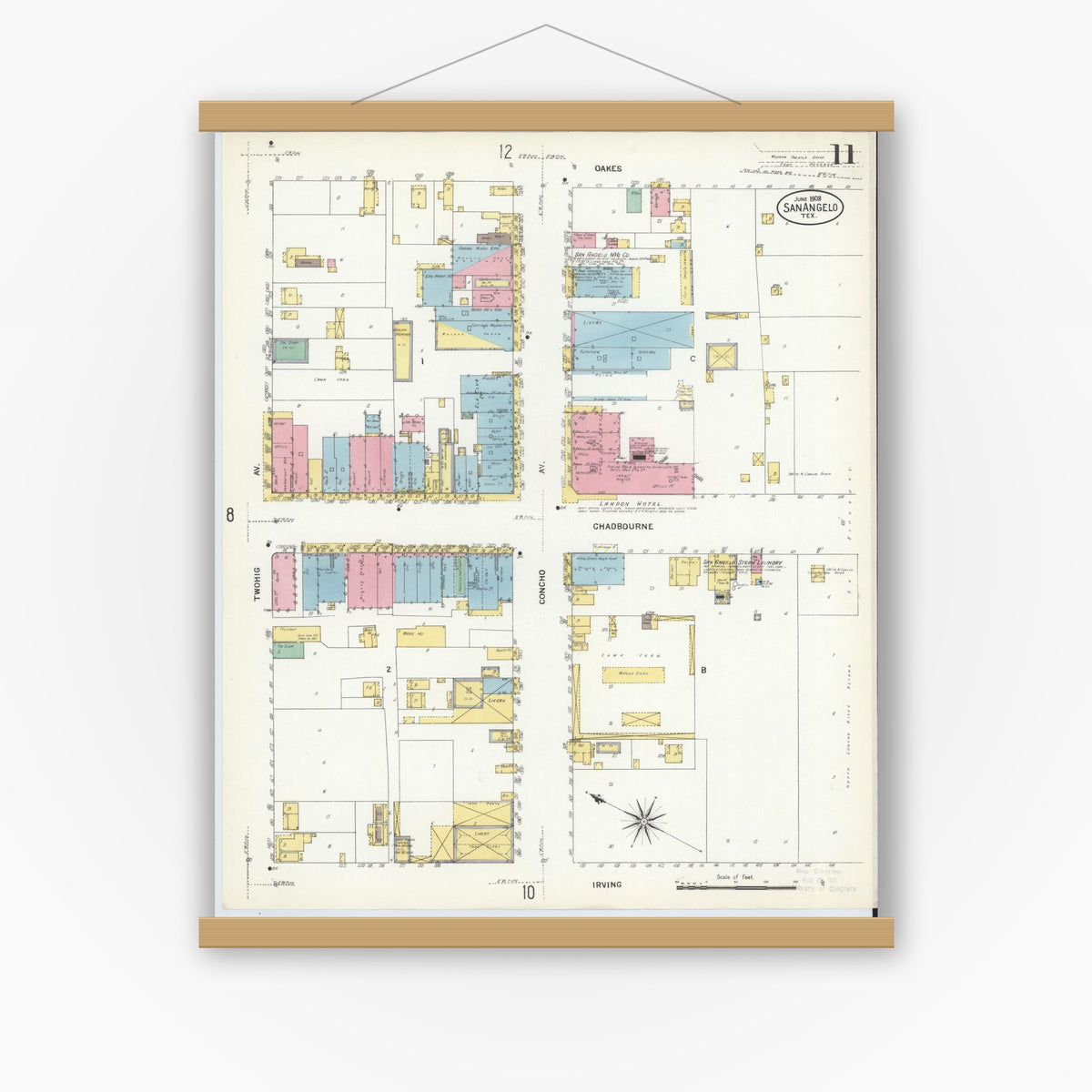 Old map wall art mockup — magnetic wood frame on white wall — Sanborn Fire Insurance Map from San Angelo, Tom Green County, Texas (1908), Sheet #0011