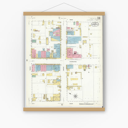 Old map wall art mockup — magnetic wood frame on white wall — Sanborn Fire Insurance Map from San Angelo, Tom Green County, Texas (1908), Sheet #0011
