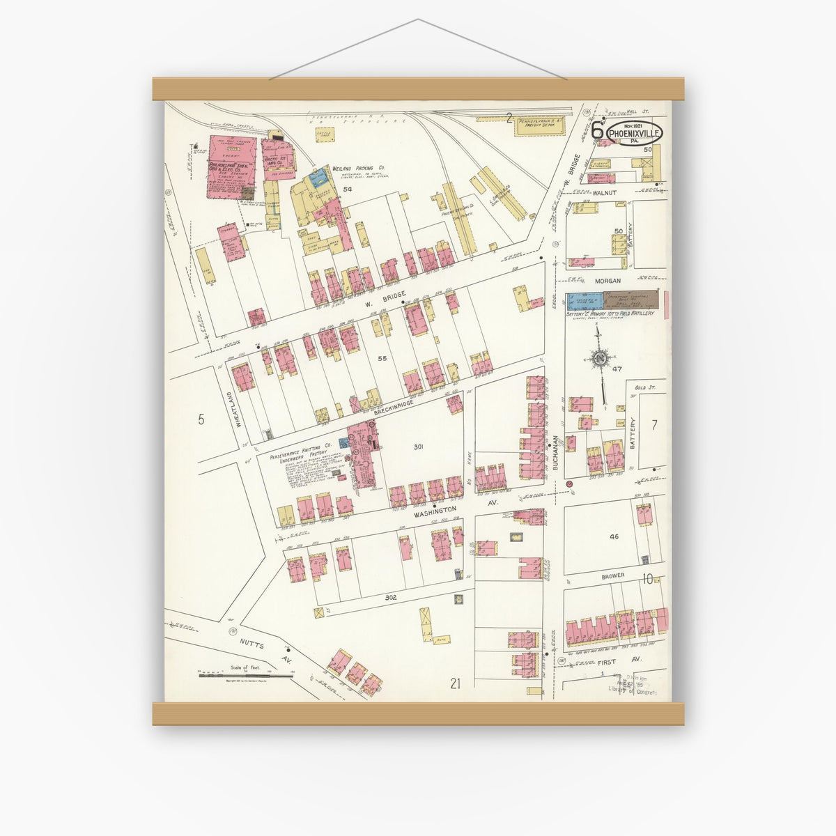 Old map wall art mockup — magnetic wood frame on white wall — Sanborn Fire Insurance Map from Phoenixville, Chester County, Pennsylvania (1921), Sheet #0006