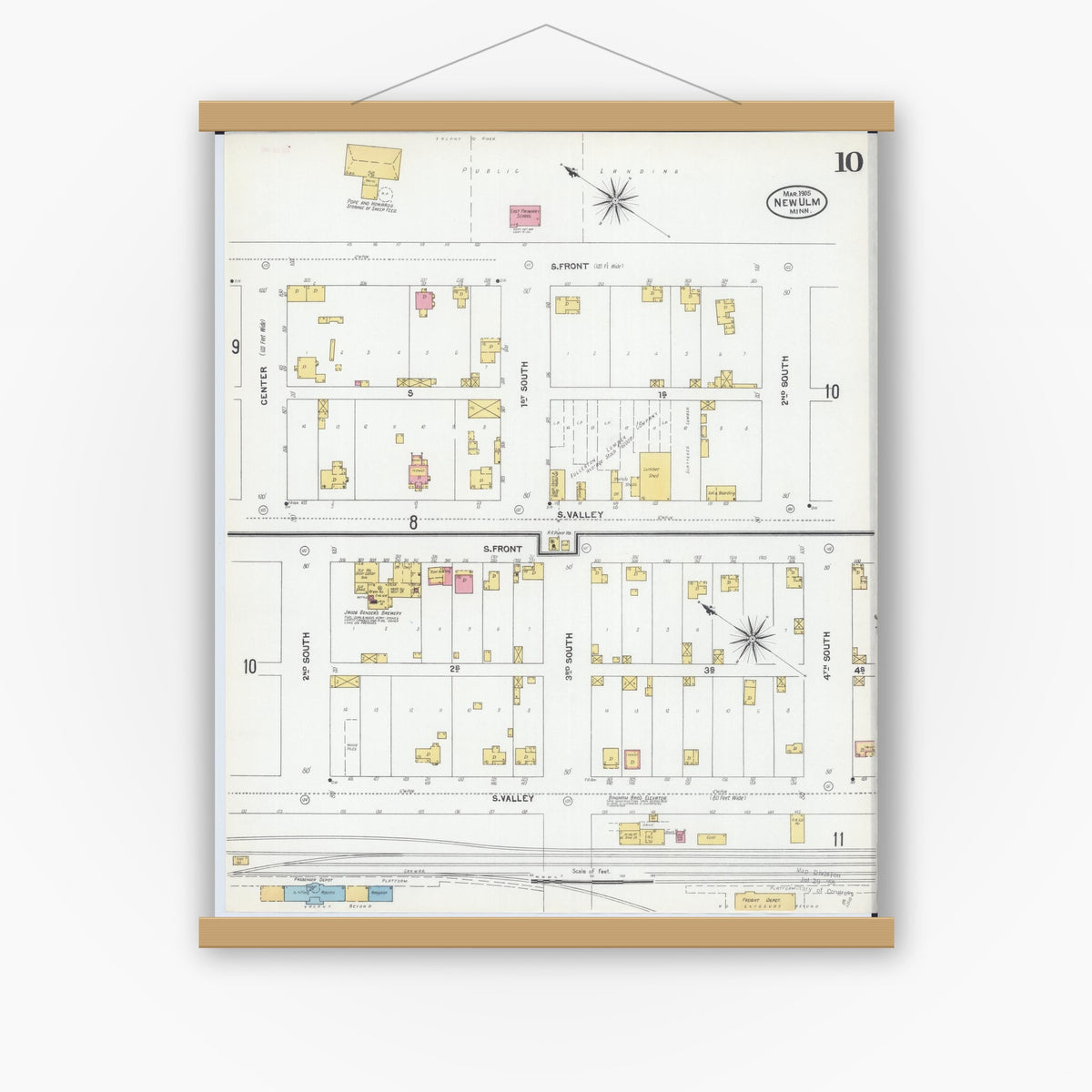Old map wall art mockup — magnetic wood frame on white wall — Sanborn Fire Insurance Map from New Ulm, Brown County, Minnesota (1905), Sheet #0010