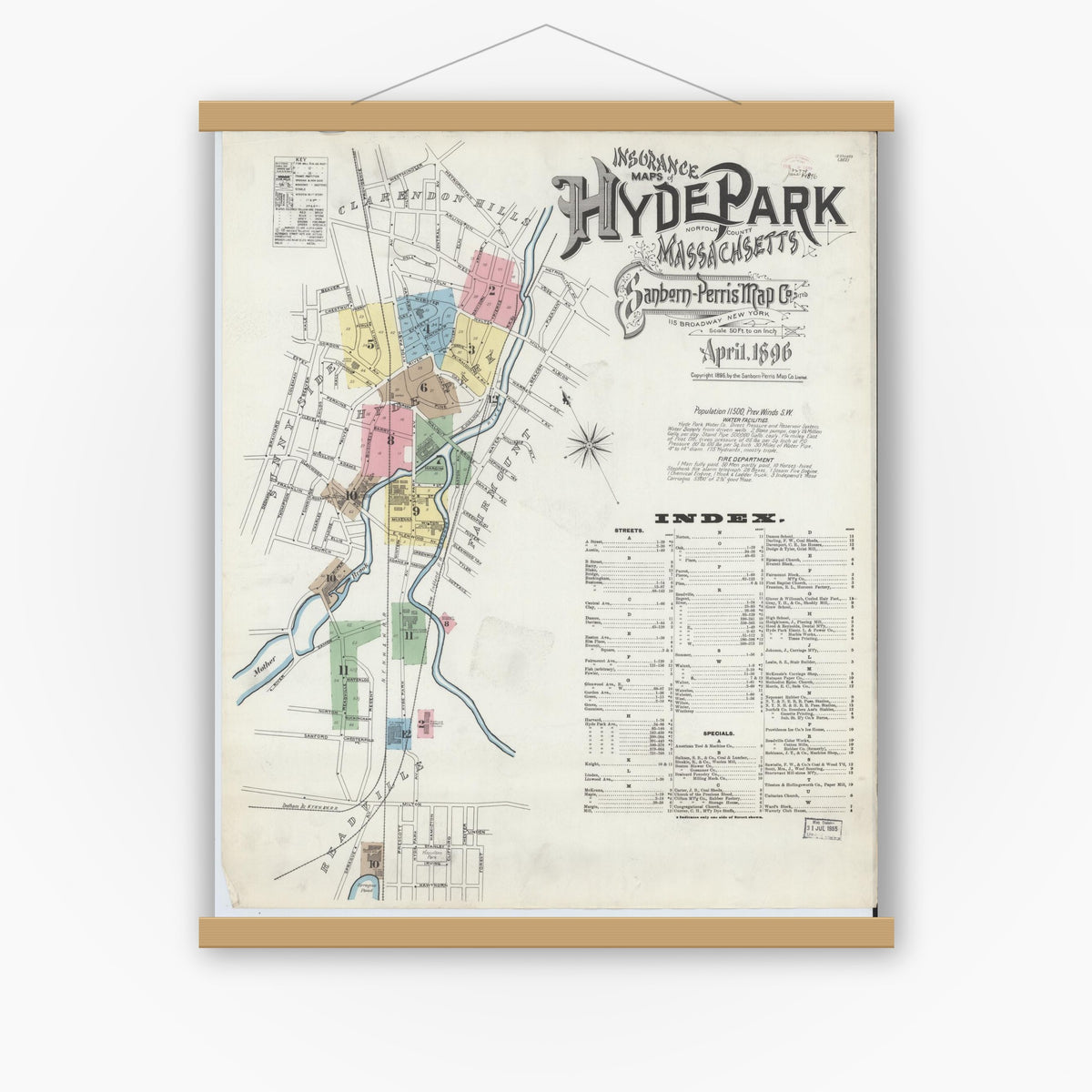 Old map wall art mockup — magnetic wood frame on white wall — Sanborn Fire Insurance Map from Hyde Park, Norfolk County, Massachusetts (1896) - Complete Map Set