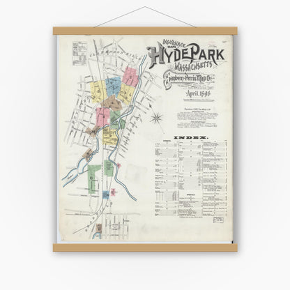 Old map wall art mockup — magnetic wood frame on white wall — Sanborn Fire Insurance Map from Hyde Park, Norfolk County, Massachusetts (1896) - Complete Map Set