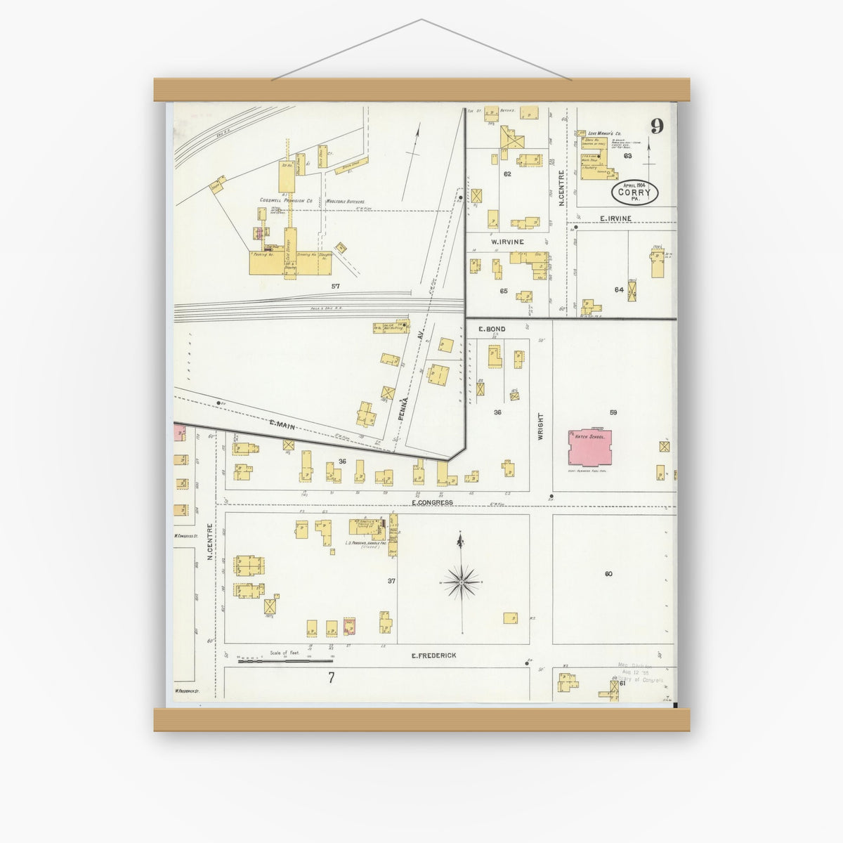 Old map wall art mockup — magnetic wood frame on white wall — Sanborn Fire Insurance Map from Corry, Erie County, Pennsylvania (1904), Sheet #0009