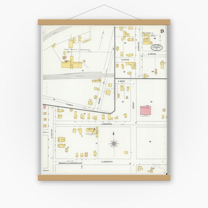 Old map wall art mockup — magnetic wood frame on white wall — Sanborn Fire Insurance Map from Corry, Erie County, Pennsylvania (1904), Sheet #0009
