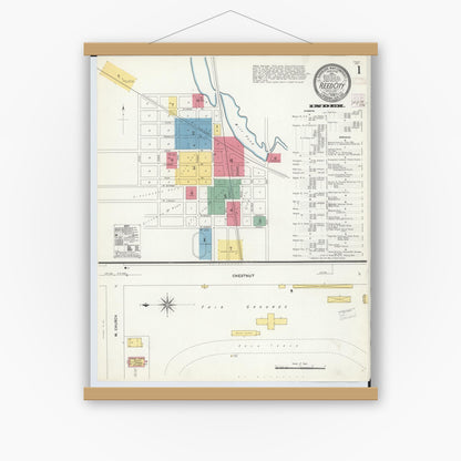 Old map wall art mockup — magnetic wood frame on white wall — Sanborn Fire Insurance Map from Reed City, Osceola County, Michigan (1908), Sheet #0001