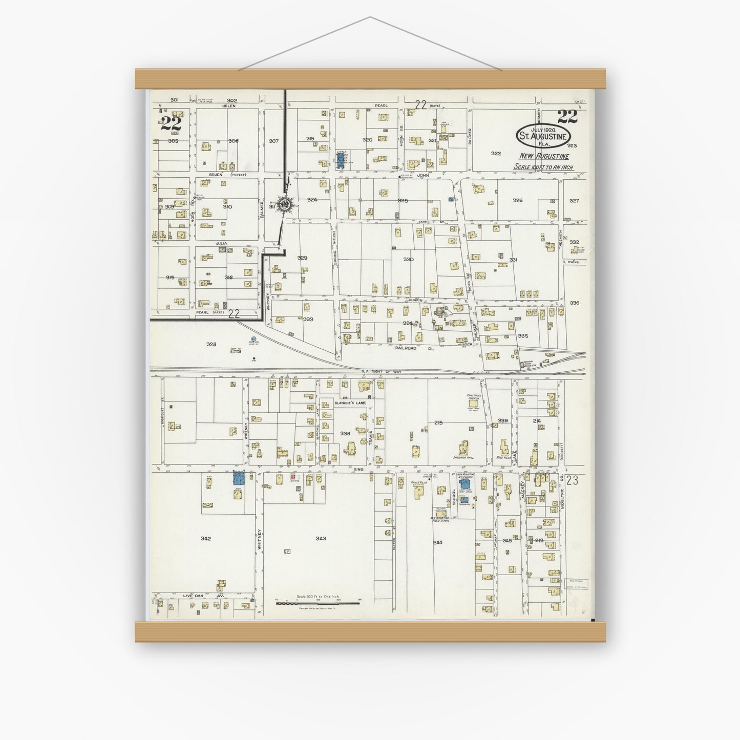 Old map wall art mockup — magnetic wood frame on white wall — Sanborn Fire Insurance Map from Saint Augustine, Saint John's County, Florida (1924), Sheet #0022