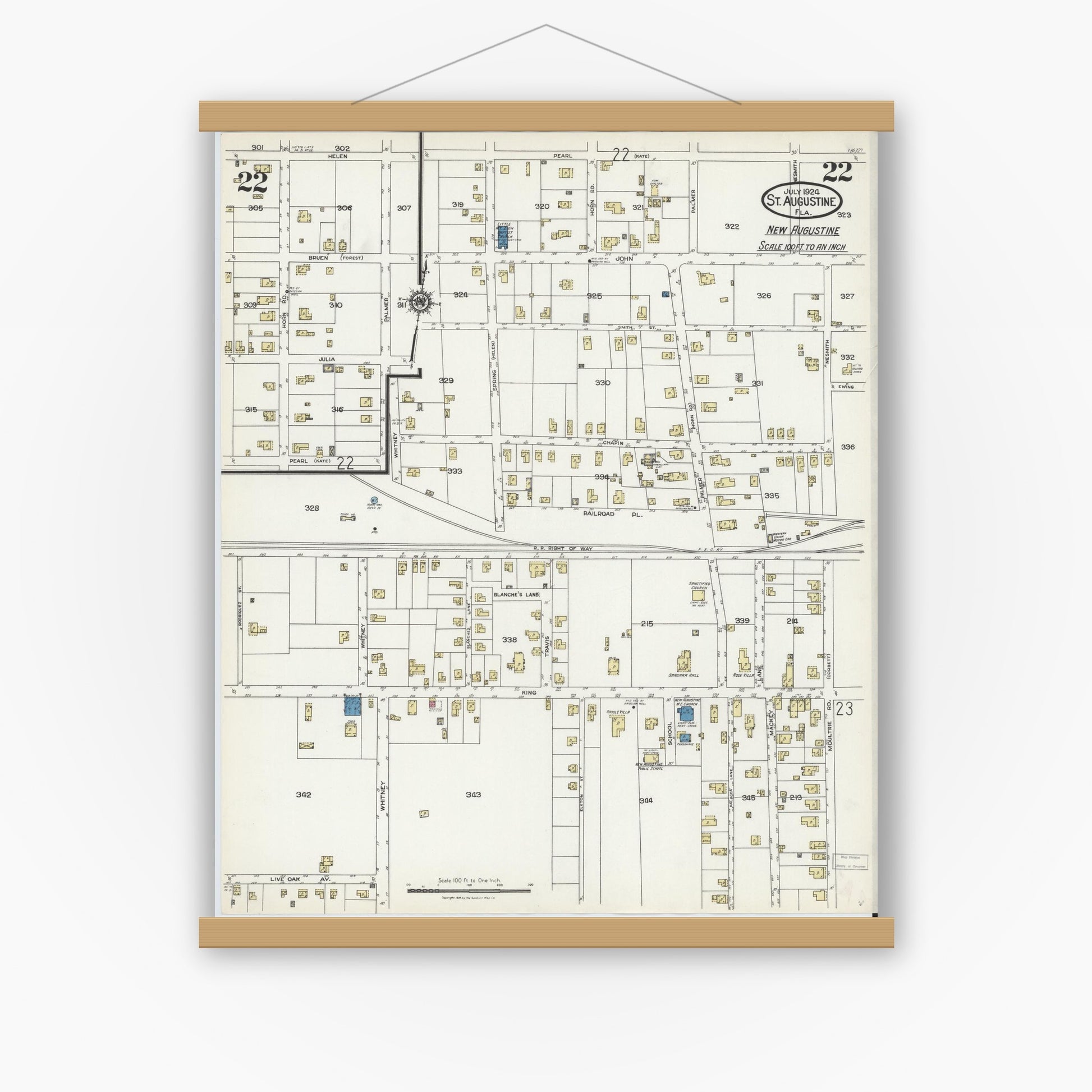 Old map wall art mockup — magnetic wood frame on white wall — Sanborn Fire Insurance Map from Saint Augustine, Saint John's County, Florida (1924), Sheet #0022
