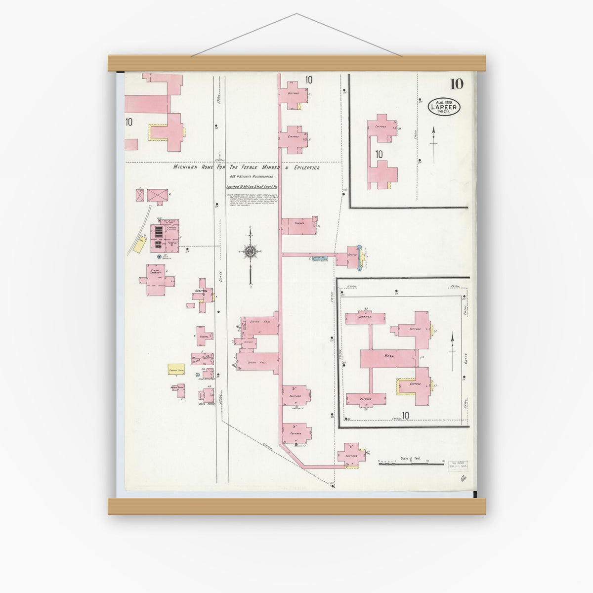 Old map wall art mockup — magnetic wood frame on white wall — Sanborn Fire Insurance Map from Lapeer, Lapeer County, Michigan (1909), Sheet #0010