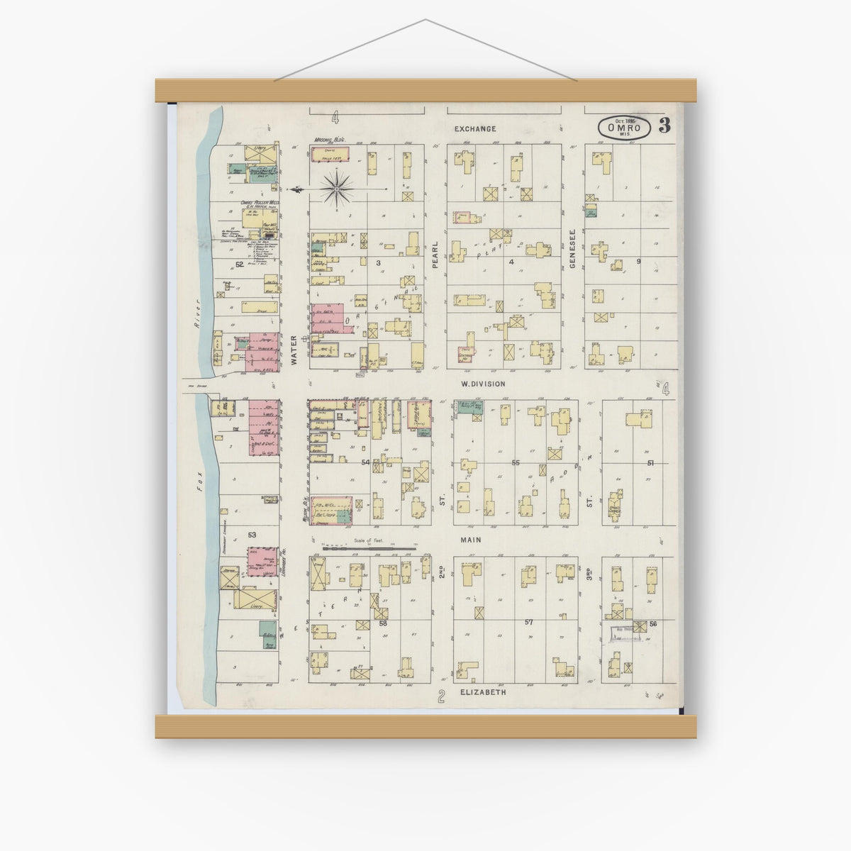 Old map wall art mockup — magnetic wood frame on white wall — Sanborn Fire Insurance Map from Omro, Winnebago County, Wisconsin (1895), Sheet #0003