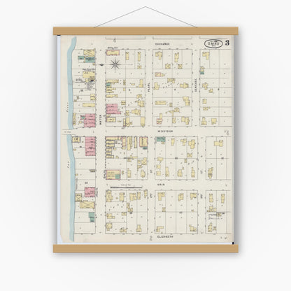 Old map wall art mockup — magnetic wood frame on white wall — Sanborn Fire Insurance Map from Omro, Winnebago County, Wisconsin (1895), Sheet #0003