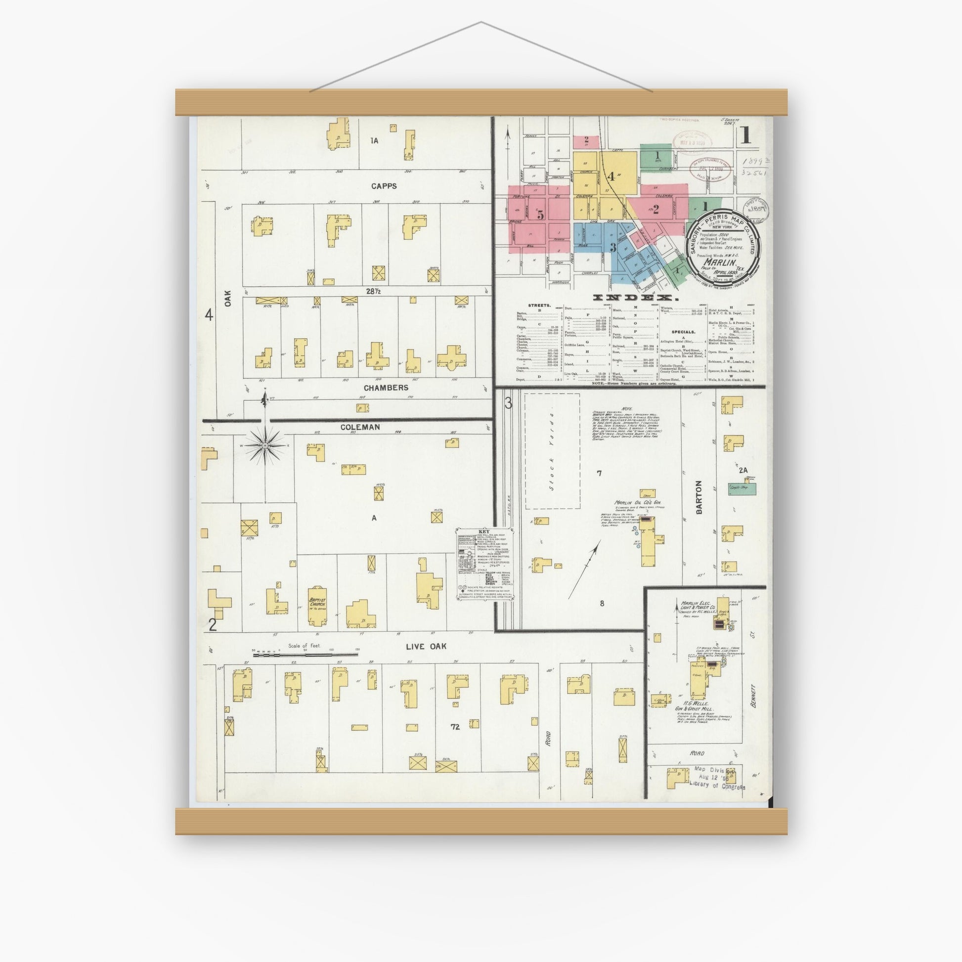 Old map wall art mockup — magnetic wood frame on white wall — Sanborn Fire Insurance Map from Marlin, Falls County, Texas (1899) - Complete Map Set
