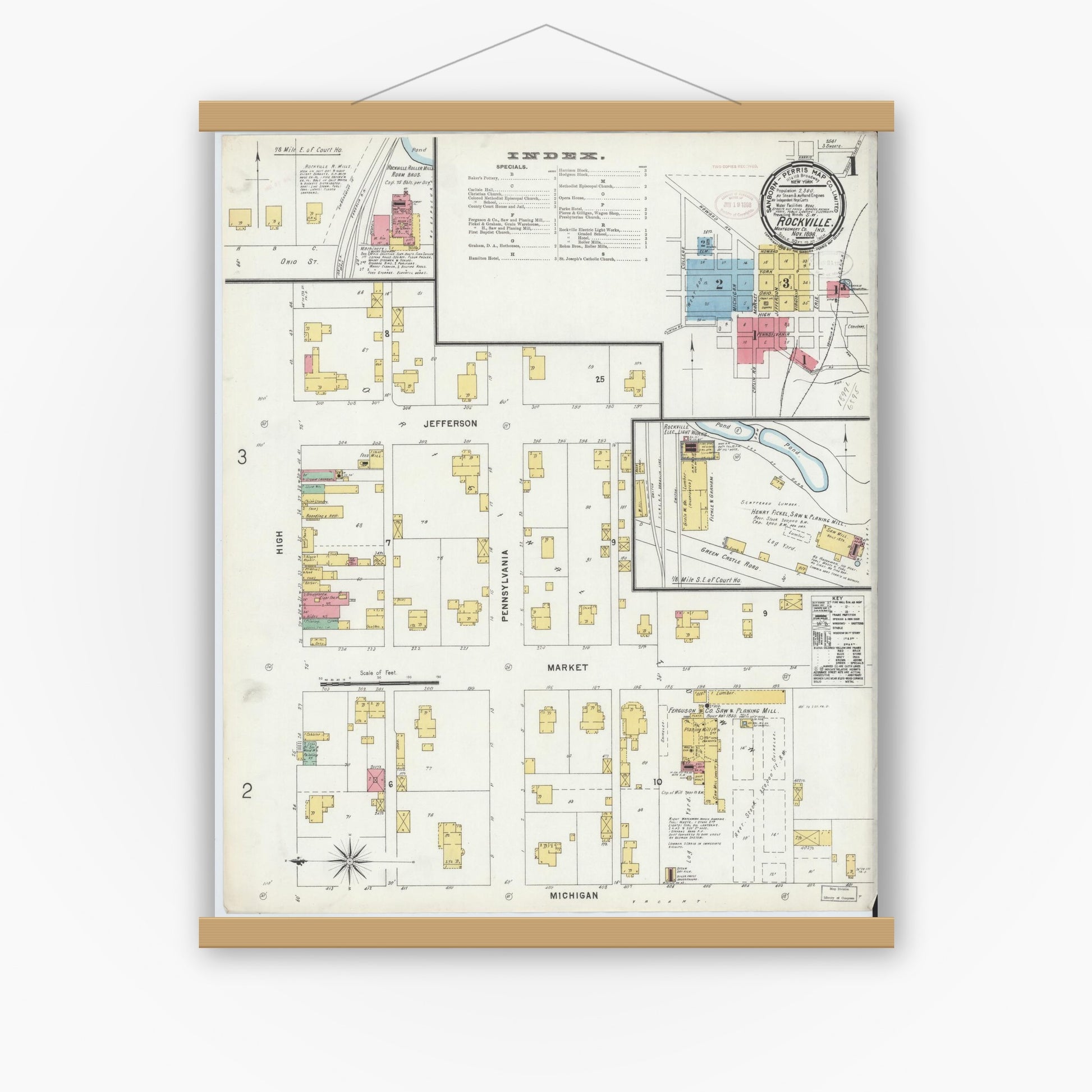 Old map wall art mockup — magnetic wood frame on white wall — Sanborn Fire Insurance Map from Rockville, Parke County, Indiana (1898) - Complete Map Set