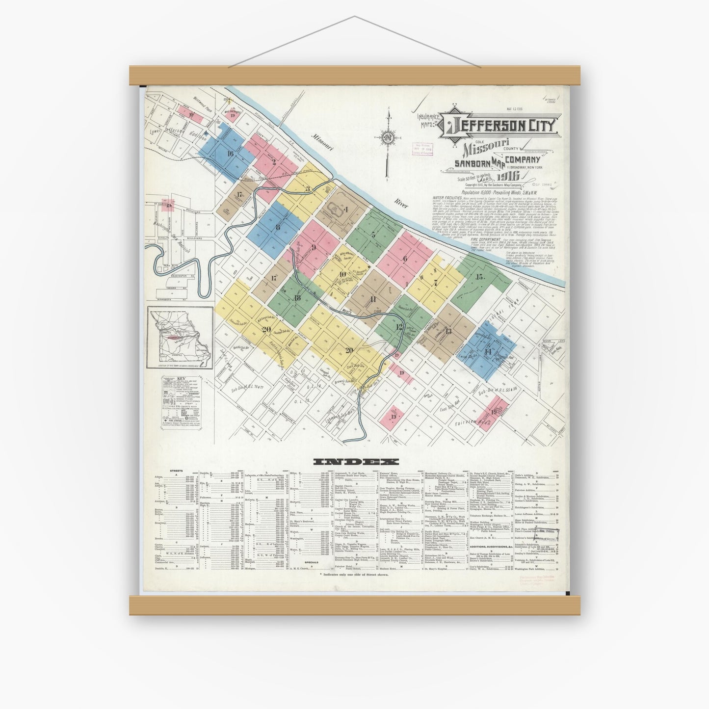 Old map wall art mockup — magnetic wood frame on white wall — Sanborn Fire Insurance Map from Jefferson City, Cole County, Missouri (1916) - Complete Map Set