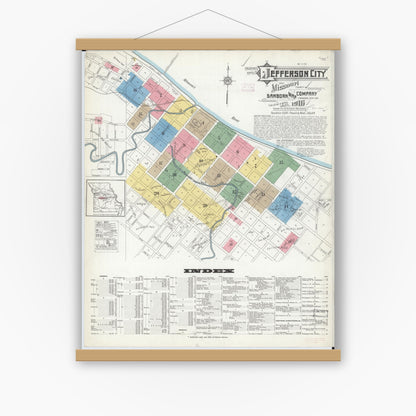 Old map wall art mockup — magnetic wood frame on white wall — Sanborn Fire Insurance Map from Jefferson City, Cole County, Missouri (1916) - Complete Map Set