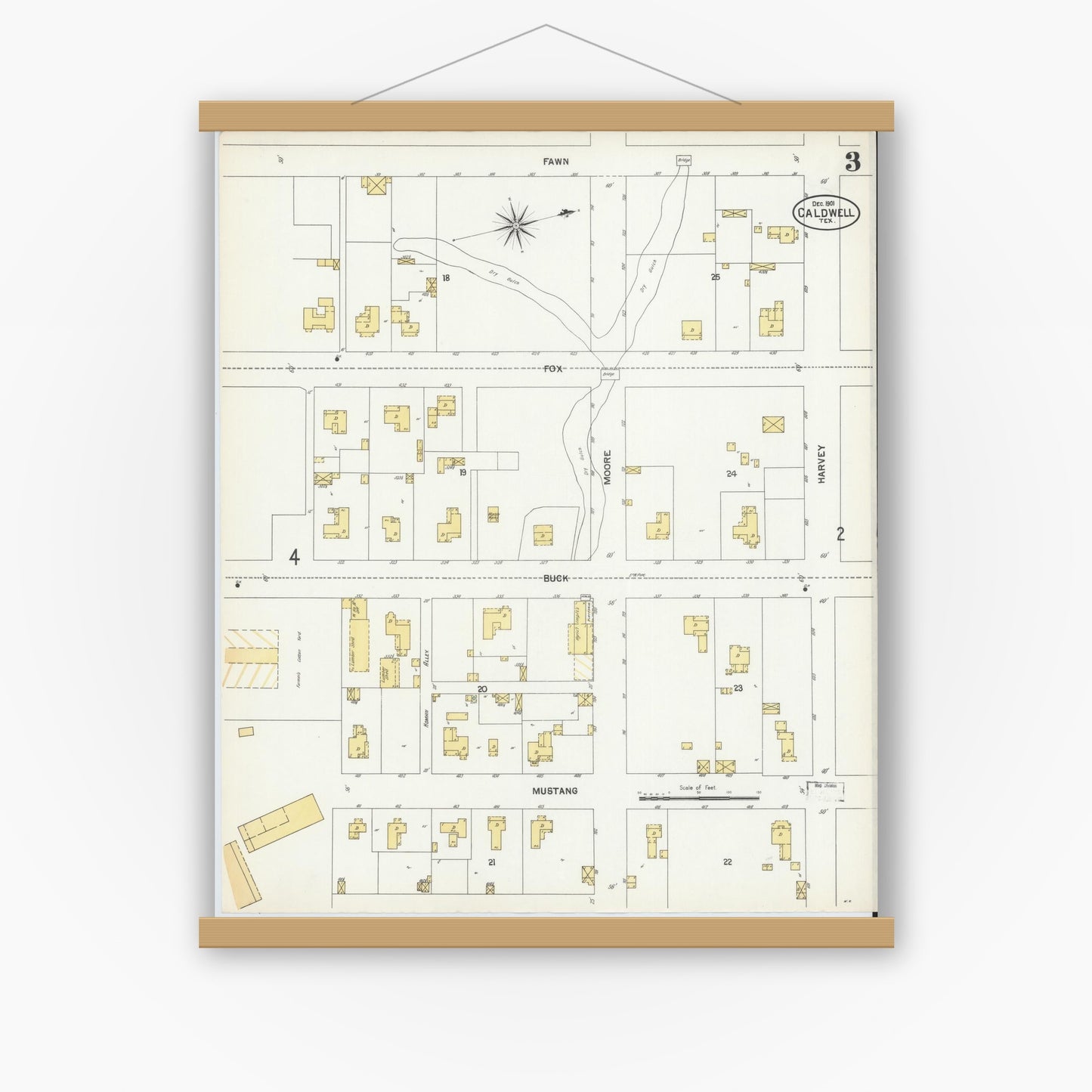 Old map wall art mockup — magnetic wood frame on white wall — Sanborn Fire Insurance Map from Caldwell, Burleson County, Texas (1901), Sheet #0003