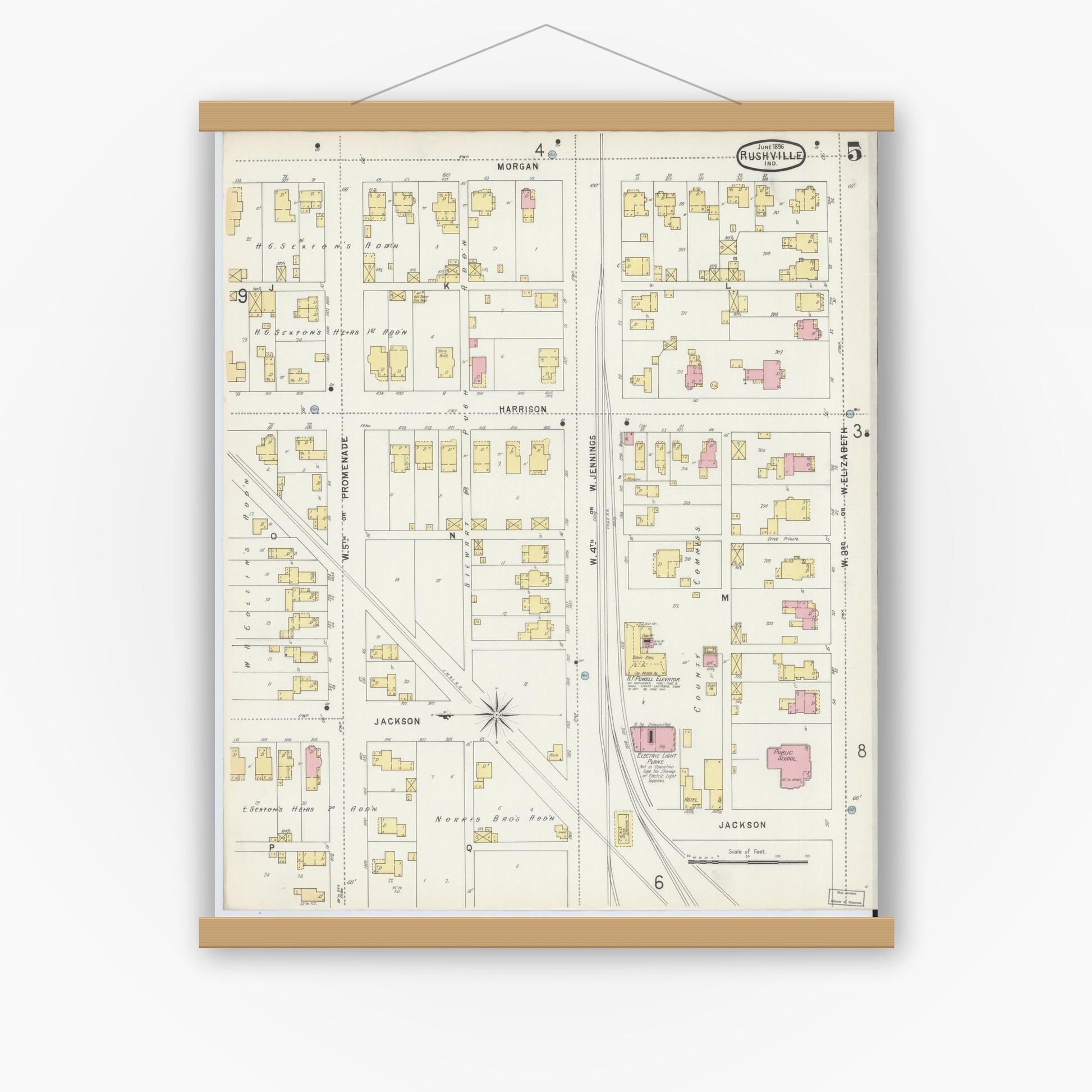 Old map wall art mockup — magnetic wood frame on white wall — Sanborn Fire Insurance Map from Rushville, Rush County, Indiana (1896), Sheet #0005