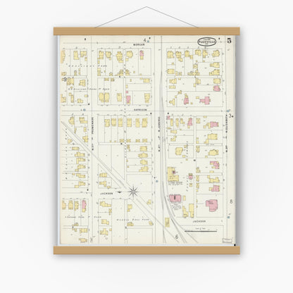 Old map wall art mockup — magnetic wood frame on white wall — Sanborn Fire Insurance Map from Rushville, Rush County, Indiana (1896), Sheet #0005