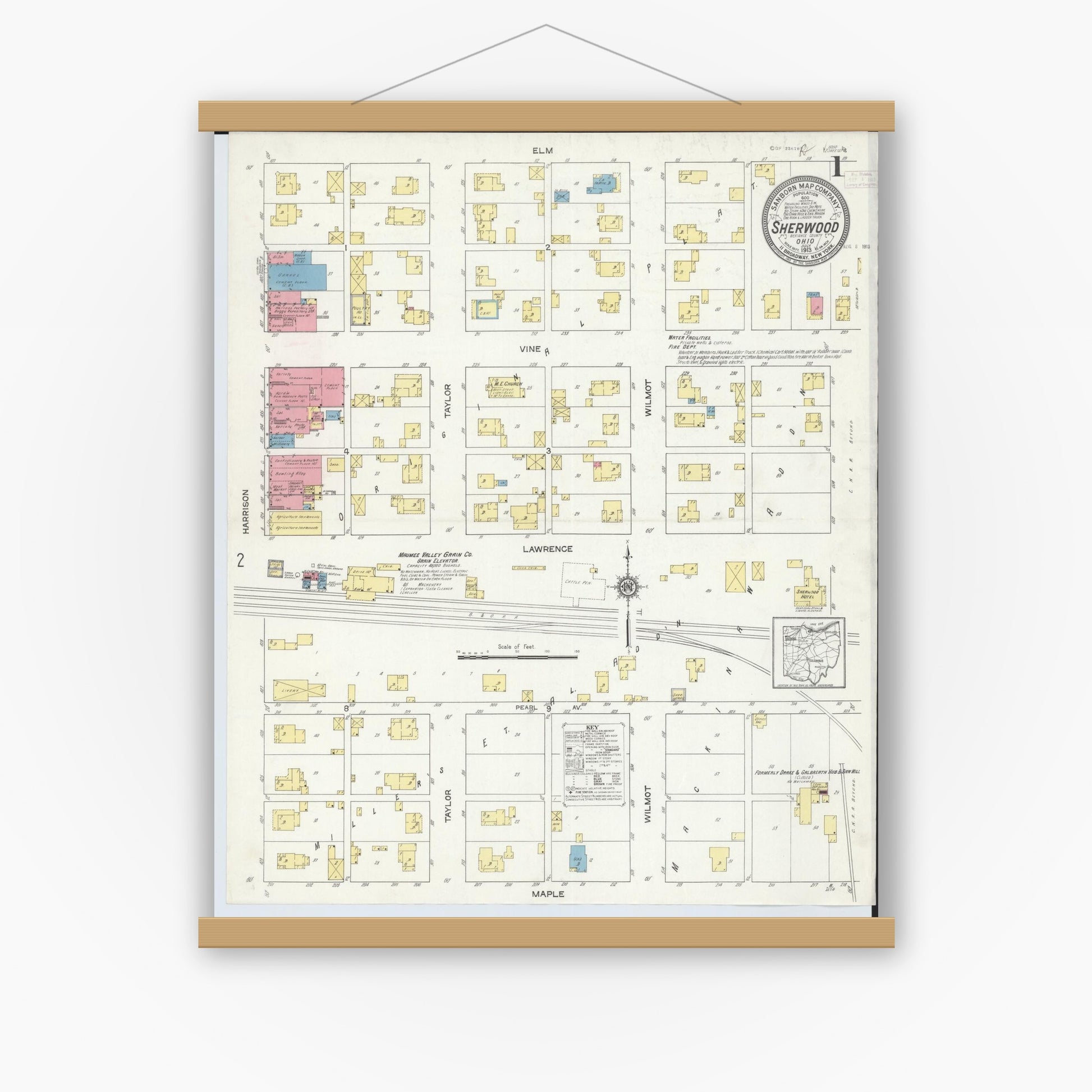 Old map wall art mockup — magnetic wood frame on white wall — Sanborn Fire Insurance Map from Sherwood, Defiance County, Ohio (1913), Sheet #0001
