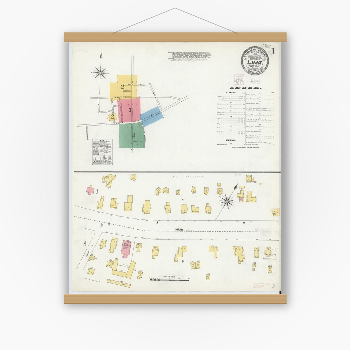 Old map wall art mockup — magnetic wood frame on white wall — Sanborn Fire Insurance Map from Lima, Livingston County, New York (1904) - Complete Map Set