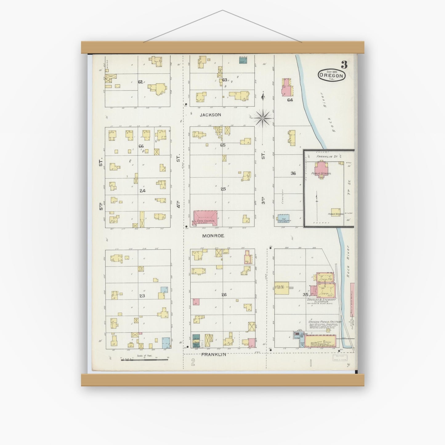 Old map wall art mockup — magnetic wood frame on white wall — Sanborn Fire Insurance Map from Oregon, Ogle County, Illinois (1893), Sheet #0003