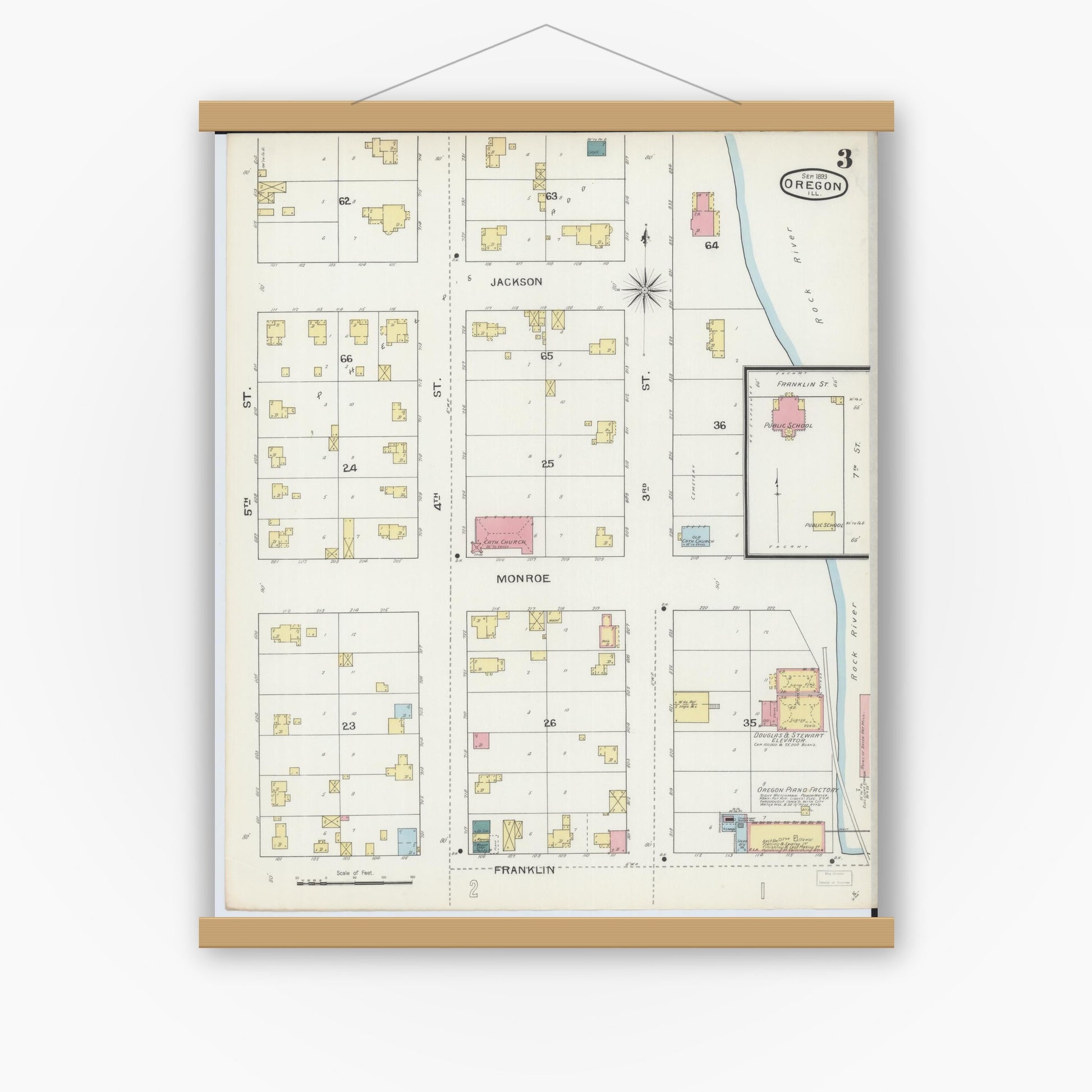 Old map wall art mockup — magnetic wood frame on white wall — Sanborn Fire Insurance Map from Oregon, Ogle County, Illinois (1893), Sheet #0003
