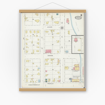 Old map wall art mockup — magnetic wood frame on white wall — Sanborn Fire Insurance Map from Oregon, Ogle County, Illinois (1893), Sheet #0003