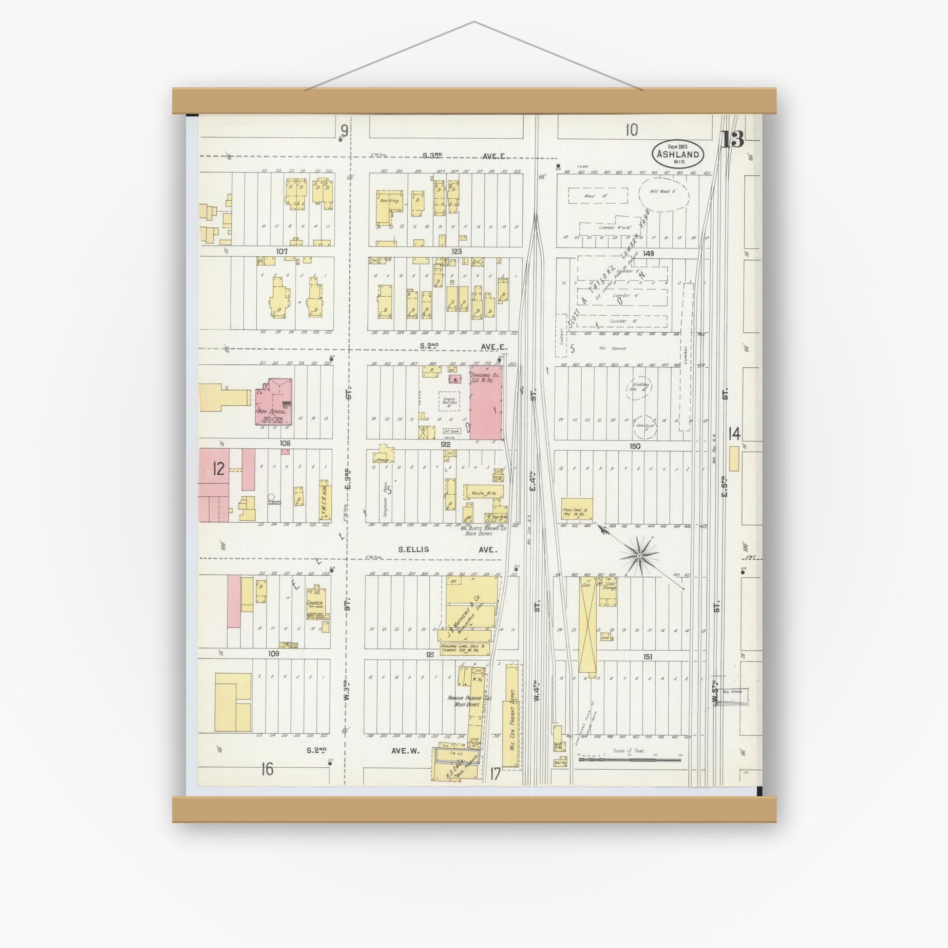 Old map wall art mockup — magnetic wood frame on white wall — Sanborn Fire Insurance Map from Ashland, Ashland County, Wisconsin (1901), Sheet #0013