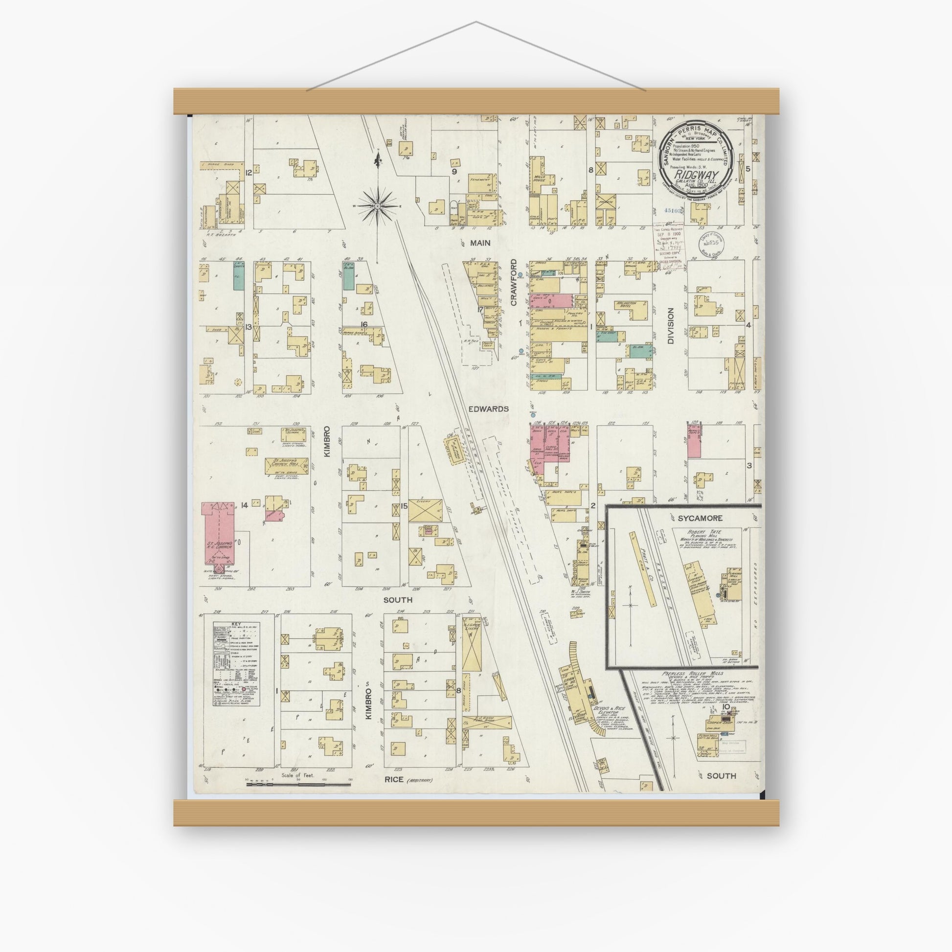 Old map wall art mockup — magnetic wood frame on white wall — Sanborn Fire Insurance Map from Ridgway, Gallatin County, Illinois (1900), Sheet #0001