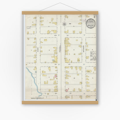 Old map wall art mockup — magnetic wood frame on white wall — Sanborn Fire Insurance Map from Morehead City, Carteret County, North Carolina (1893), Sheet #0001