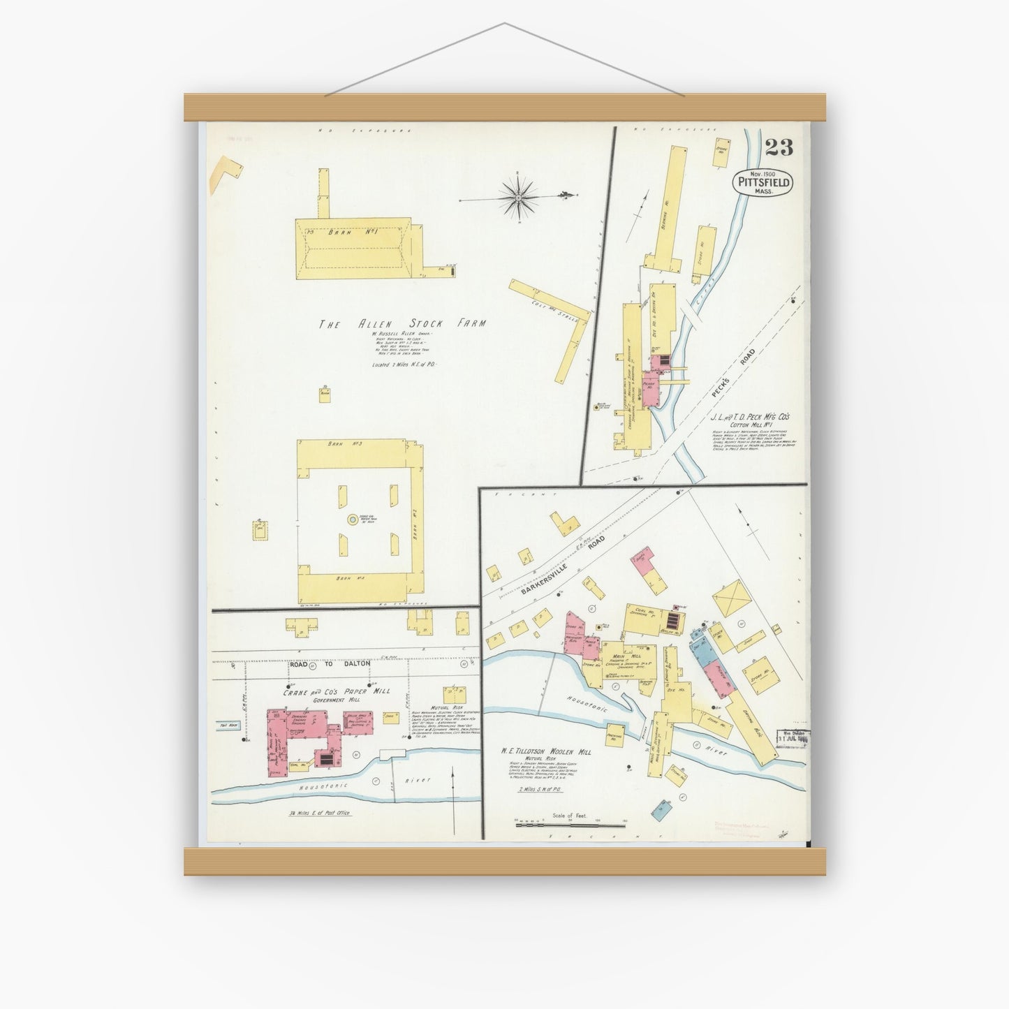 Old map wall art mockup — magnetic wood frame on white wall — Sanborn Fire Insurance Map from Pittsfield, Berkshire County, Massachusetts (1900), Sheet #0023