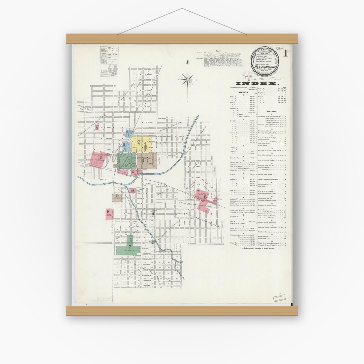 Old map wall art mockup — magnetic wood frame on white wall — Sanborn Fire Insurance Map from Alexandria, Madison County, Indiana (1896), Sheet #0001