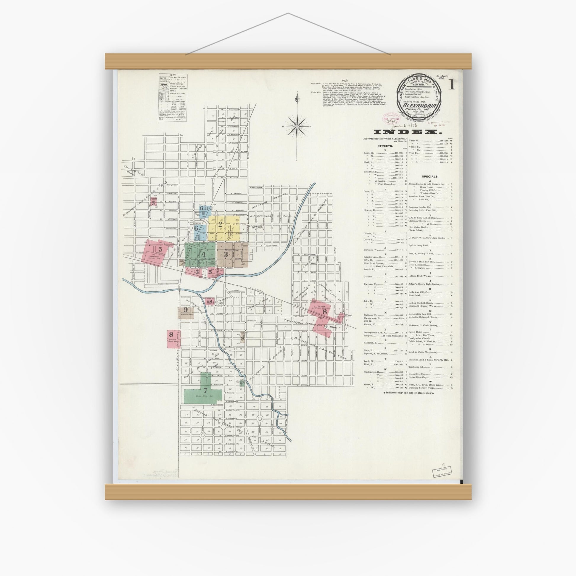 Old map wall art mockup — magnetic wood frame on white wall — Sanborn Fire Insurance Map from Alexandria, Madison County, Indiana (1896), Sheet #0001