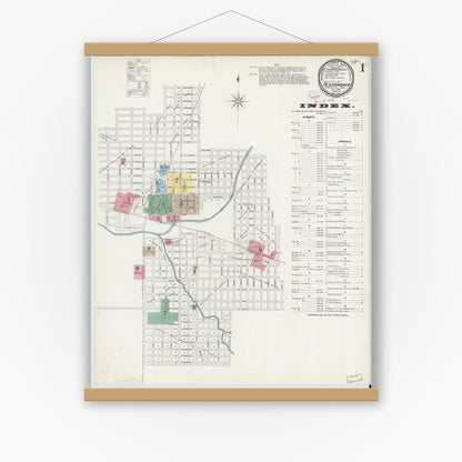 Old map wall art mockup — magnetic wood frame on white wall — Sanborn Fire Insurance Map from Alexandria, Madison County, Indiana (1896), Sheet #0001
