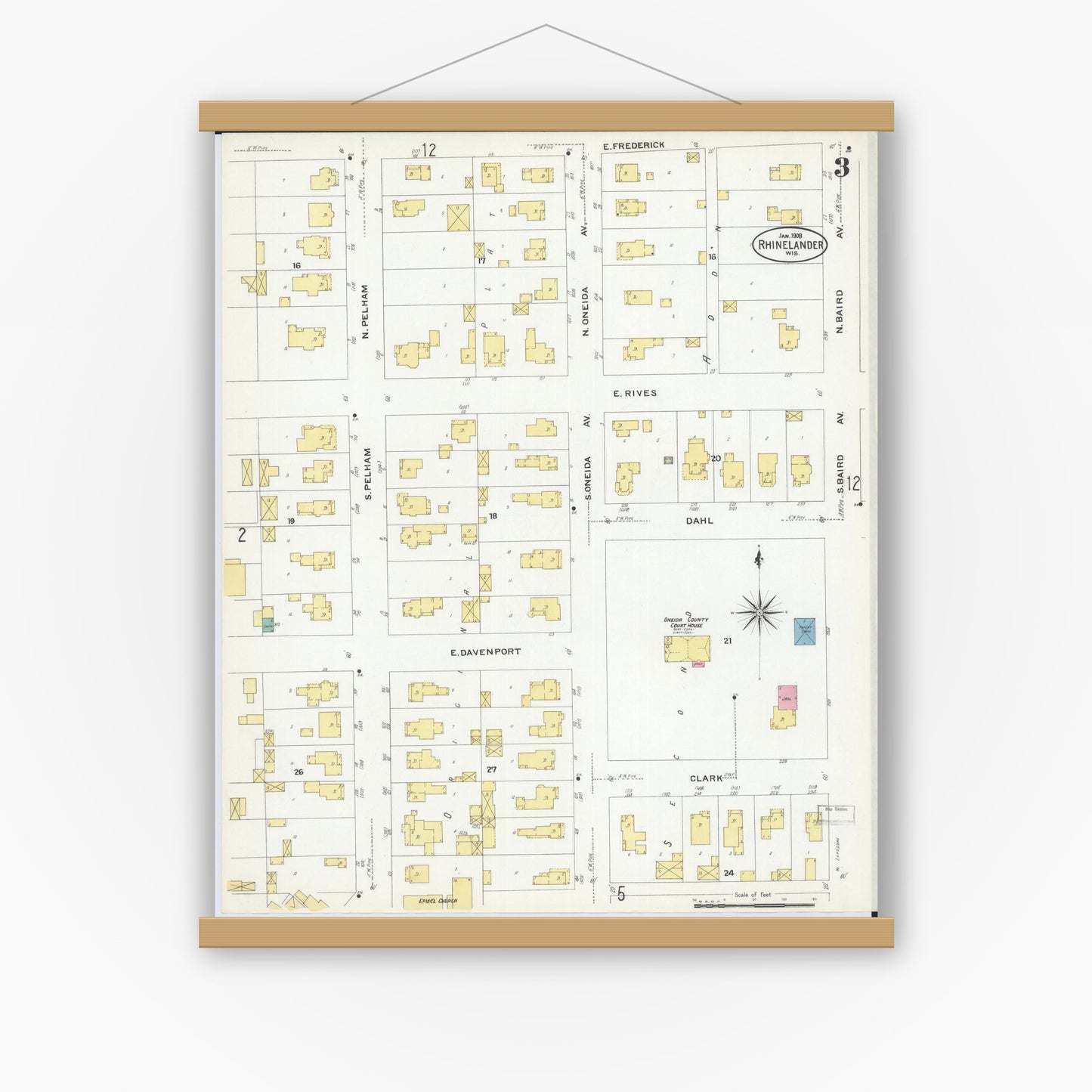Old map wall art mockup — magnetic wood frame on white wall — Sanborn Fire Insurance Map from Rhinelander, Oneida County, Wisconsin (1908), Sheet #0003
