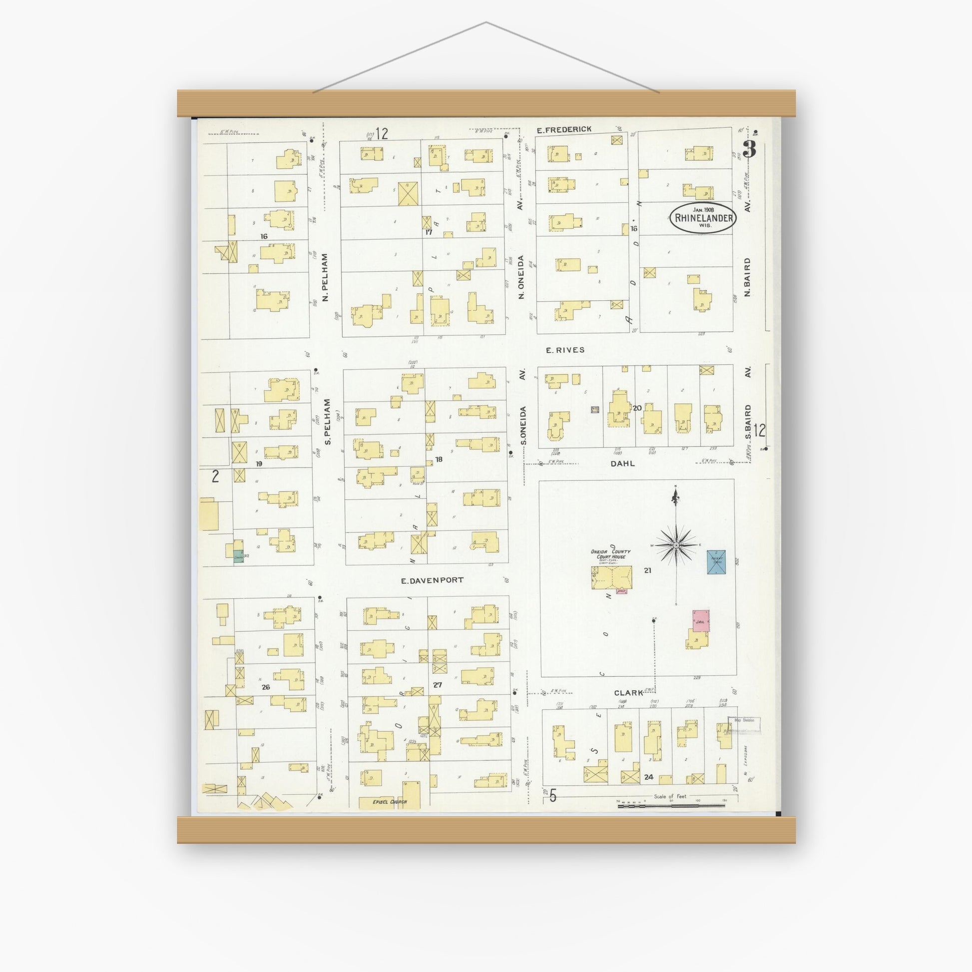 Old map wall art mockup — magnetic wood frame on white wall — Sanborn Fire Insurance Map from Rhinelander, Oneida County, Wisconsin (1908), Sheet #0003