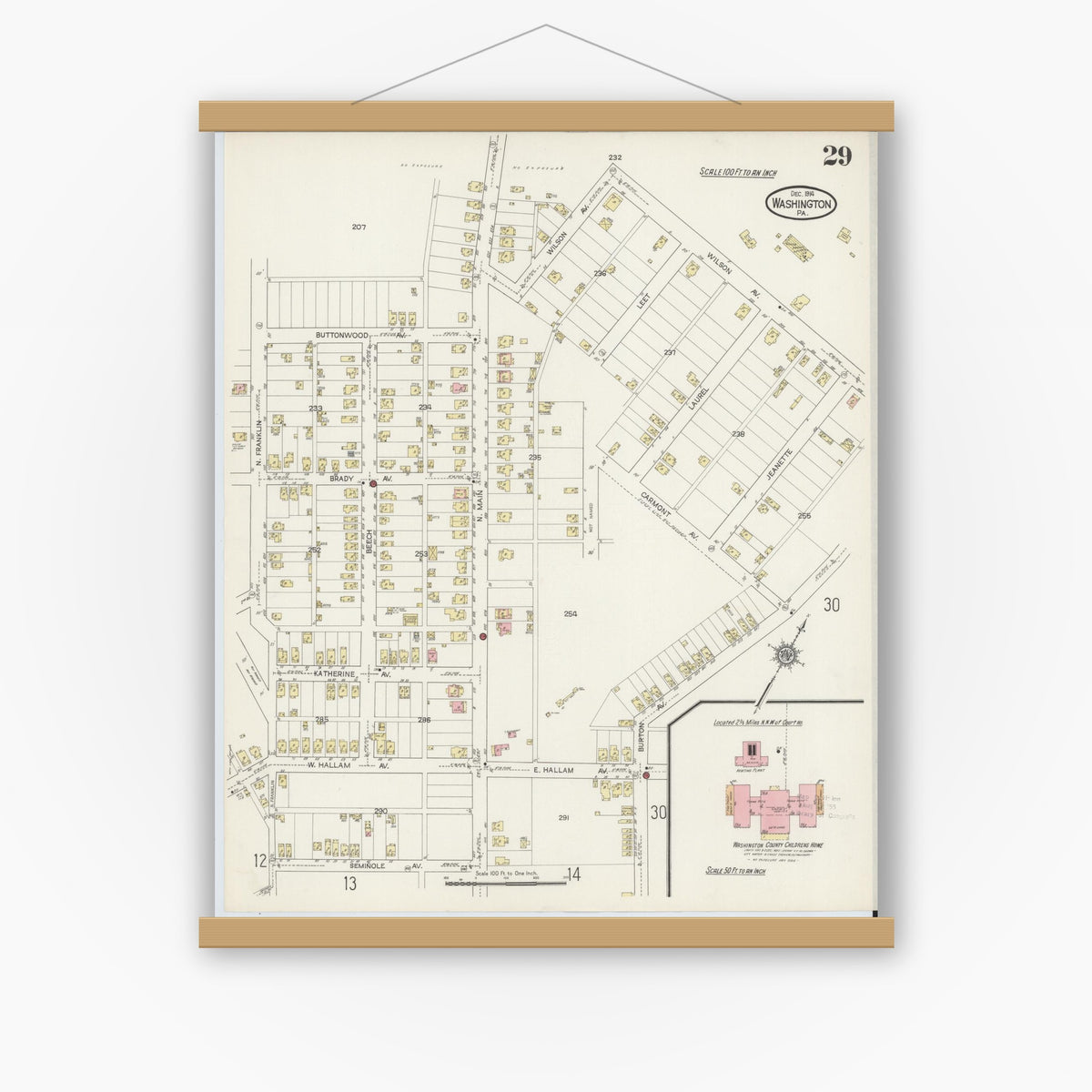 Old map wall art mockup — magnetic wood frame on white wall — Sanborn Fire Insurance Map from Washington, Washington County, Pennsylvania (1914), Sheet #0029