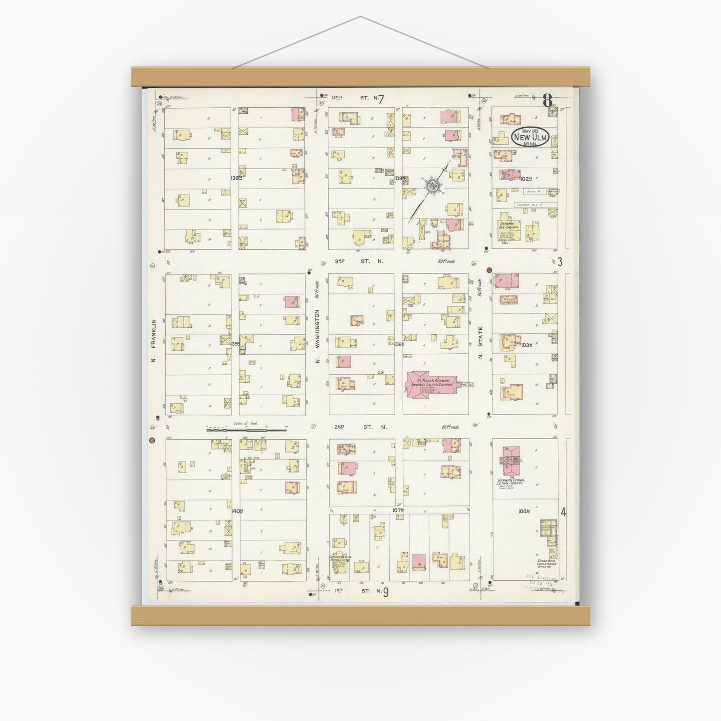 Old map wall art mockup — magnetic wood frame on white wall — Sanborn Fire Insurance Map from New Ulm, Brown County, Minnesota (1913), Sheet #0008