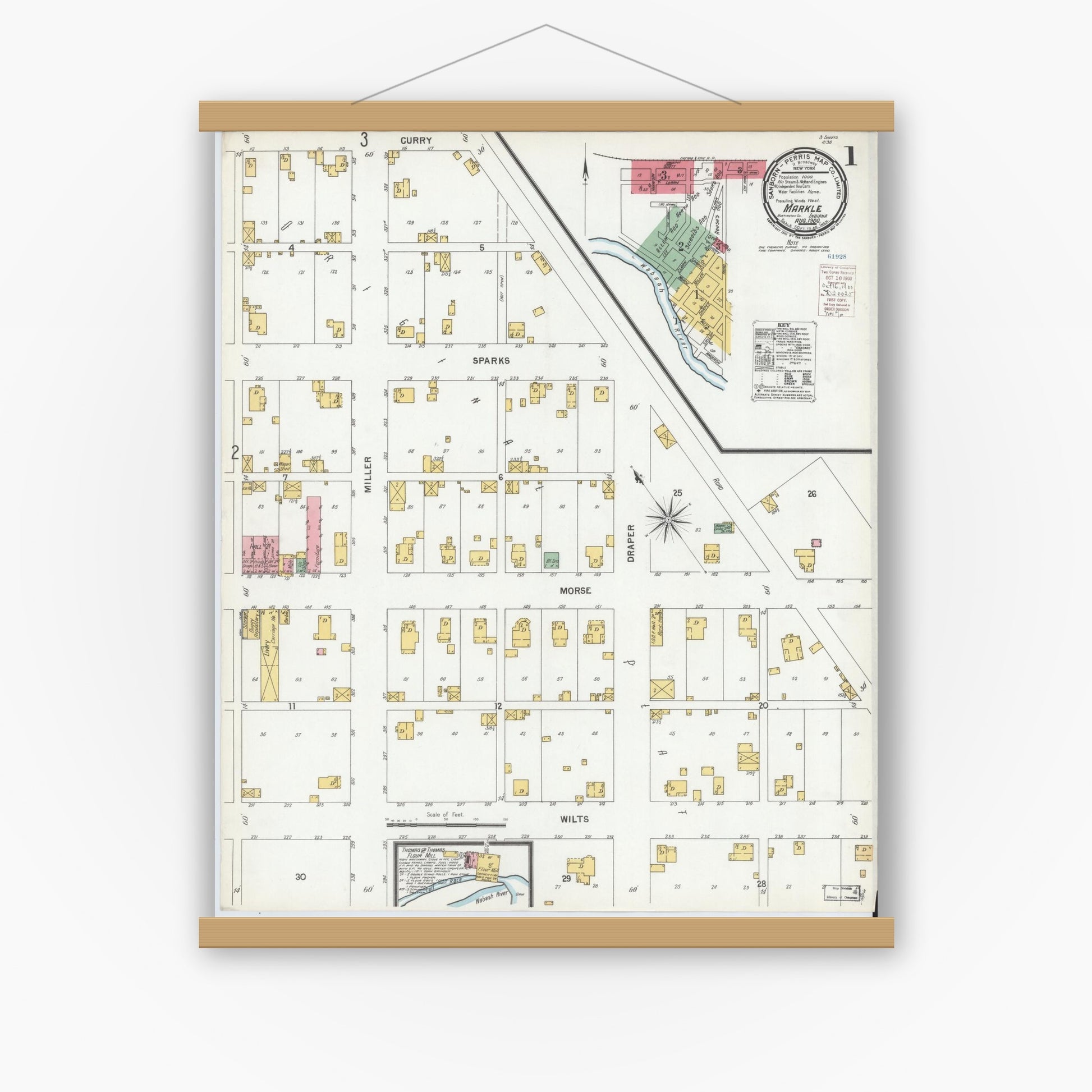 Old map wall art mockup — magnetic wood frame on white wall — Sanborn Fire Insurance Map from Markle, Huntington County, Indiana (1900), Sheet #0001