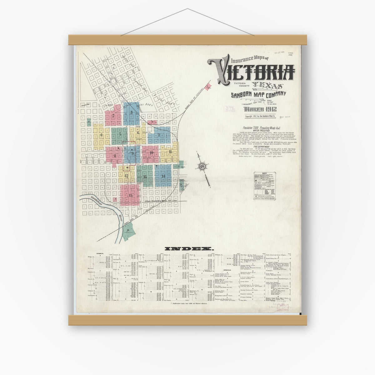 Old map wall art mockup — magnetic wood frame on white wall — Sanborn Fire Insurance Map from Victoria, Victoria County, Texas (1912) - Complete Map Set