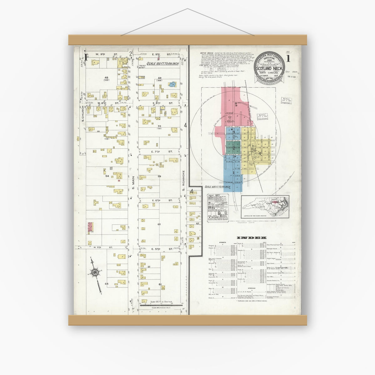Old map wall art mockup — magnetic wood frame on white wall — Sanborn Fire Insurance Map from Scotland Neck, Halifax County, North Carolina (1923) - Complete Map Set