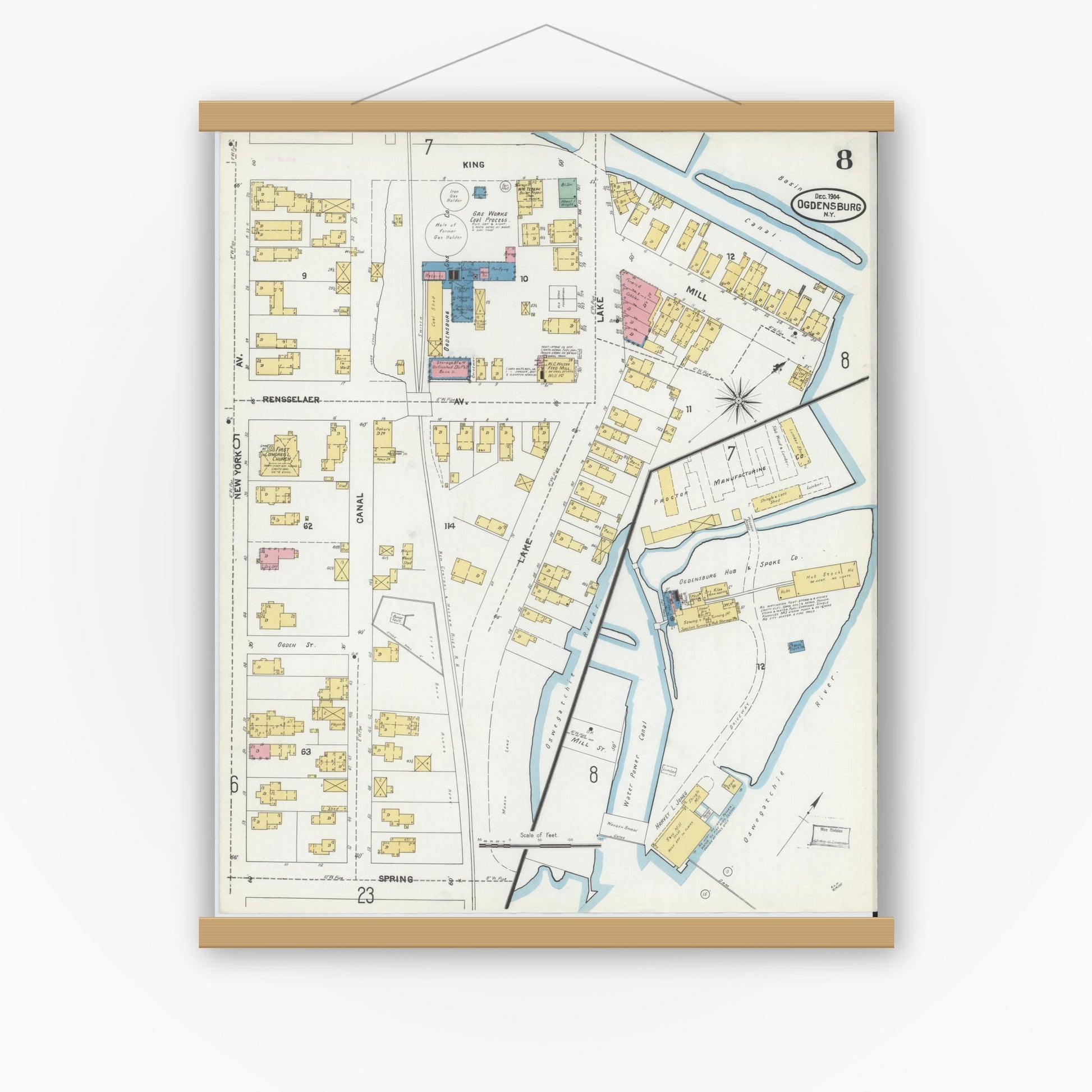Old map wall art mockup — magnetic wood frame on white wall — Sanborn Fire Insurance Map from Ogdensburg, St. Lawrence County, New York (1904), Sheet #0008