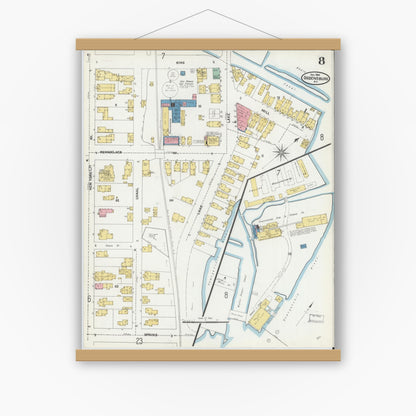 Old map wall art mockup — magnetic wood frame on white wall — Sanborn Fire Insurance Map from Ogdensburg, St. Lawrence County, New York (1904), Sheet #0008