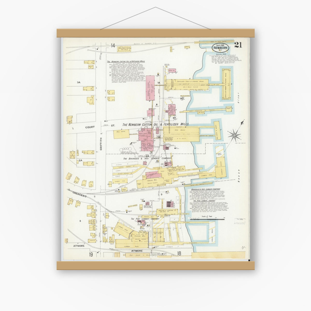 Old map wall art mockup — magnetic wood frame on white wall — Sanborn Fire Insurance Map from New Bern, Craven County, North Carolina (1908), Sheet #0021