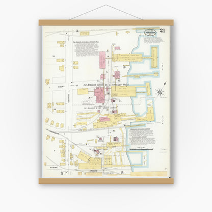 Old map wall art mockup — magnetic wood frame on white wall — Sanborn Fire Insurance Map from New Bern, Craven County, North Carolina (1908), Sheet #0021